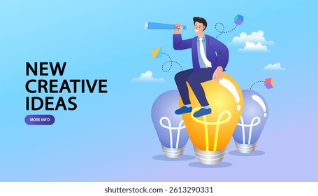 Businessman sitting on light bulb. Man looking for new creative ideas. Looking through spyglass. Find opportunities creatively. Idea concept. Flat style vector illustration.