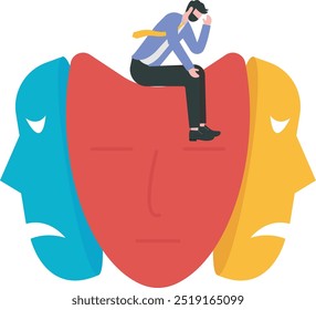 homem de negócios sentado em máscaras com expressões felizes ou tristes, personalidade dividida, mudanças de humor, transtorno bipolar, ilustração Vetor.

