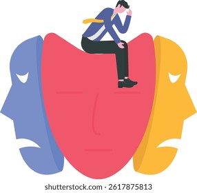 homem de negócios sentado em máscaras com expressões felizes ou tristes, personalidade dividida, mudanças de humor, transtorno bipolar, ilustração Vetor.


