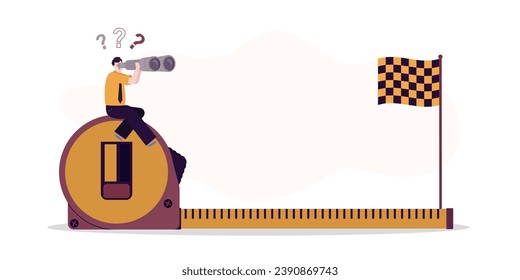 Businessman sitting on measuring tape to measure and analyze distance from target. Male employee measures distance to completion of the task, finishing flag at end of path. flat vector illustration