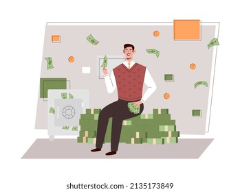 Businessman sitting on money. Successful entrepreneur and investor. Metaphor of earning and wealth, millionaire resting on banknotes, company or organization growth. Cartoon flat vector illustration