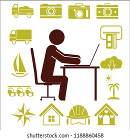 Businessman sitting on office chair at table and working on computer. Side view. Vector silhouette. Man typing in office at desk and staring into monitor
