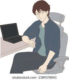 Businessman sitting on office chair, using laptop computer at comfy workplace. Hard-working freelancer resting one's eyes, relaxing after working long time. Hand drawn flat cartoon character vector