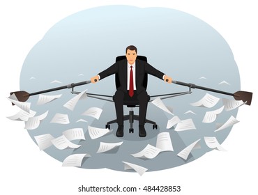 Businessman is sitting on the office chair and rowing through the paper waves. Bureaucracy and paperwork. Overworking and routine.