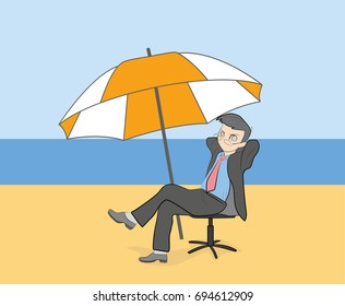 The businessman is sitting on an office chair and in an office suit on the beach. vector illustration.