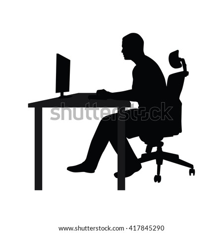 Businessman sitting on office chair at table and working on computer. Side view. Vector silhouette. Man typing in office at desk and staring into monitor