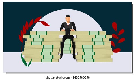 a businessman sitting on a pile of big money with a pose of a rich man with an empty background. with separate layers of each vector object. eps10 vector