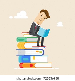 Businessman sitting on pile of books and reading the book. Vector, illustration, flat