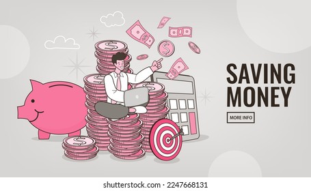 Businessman sitting on pile of coins near piggy bank. Future needs, loan, education or mortgage credit, savings, financial risk and safety concept. Making money. Vector outline illustration.