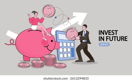 Businessman sitting on pile of coins near piggy bank. Future needs, loan, education or mortgage credit, savings, financial risk and safety concept. Making money. Vector outline illustration.
