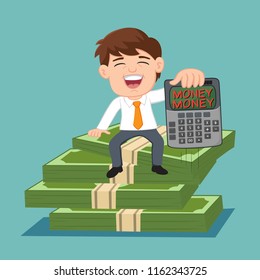 Businessman sitting on pile of money show text money, illustration vector cartoon