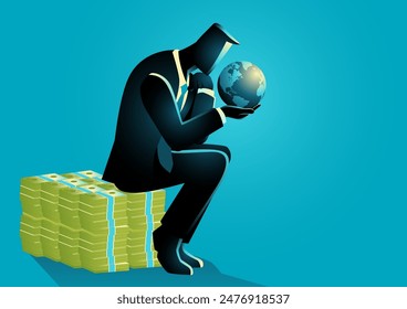 Businessman sitting on a pile of money, holding a globe and contemplating. Themes of Money is Not Everything and Solitude in Wealth