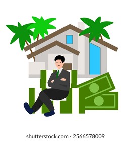 Businessman sitting on pile of money, villa and palm trees. Businessman at the villa. Vector simple color flat illustration.