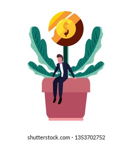 businessman sitting on plant coin