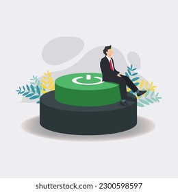 Businessman sitting on the on power button. Business autopilot concept design vector illustration