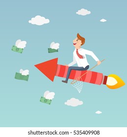 Businessman sitting on a red rocket and catches money. Money that was flying like a bird.