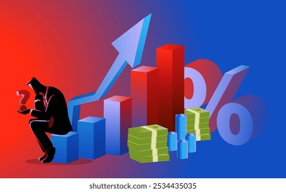 Businessman sitting on a rising graph chart, holding a question mark symbol. Concepts of financial growth, investment decisions, market uncertainty, and economic challenges