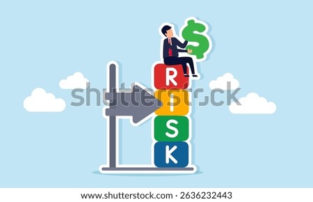 Businessman sitting on risk indicator block holding dollar sign illustration of risk calculation in managing business financial investment
