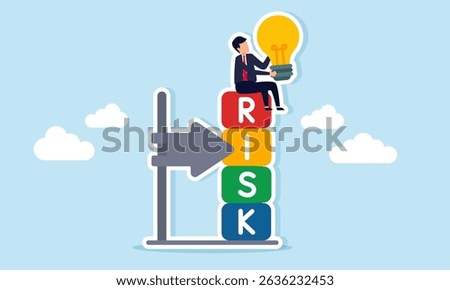 Businessman sitting on risk indicator block holding lamp illustration of risk calculation in applying business ideas