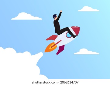 Businessman sitting on Rocket, business startup Concept illustration