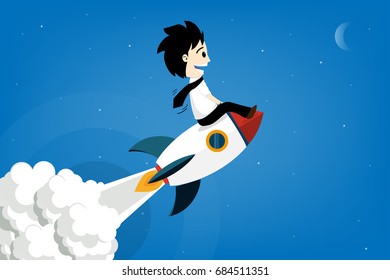 Businessman sitting on rocket, start up business concept, vector illustration