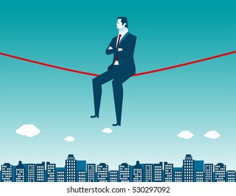 Businessman sitting on rope and city. Concept business illustration. Vector flat