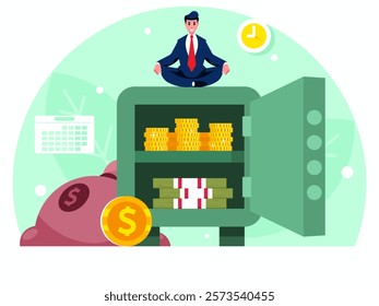 Businessman sitting on a safe in the lotus position. Man doing yoga. The male character relaxes. Open safe with coins and stacks of banknotes. Money bag. Vector graphics