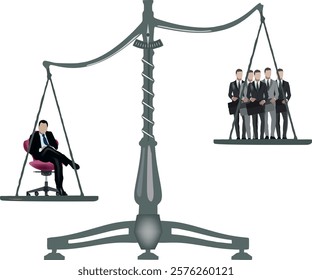 Businessman sitting on scales outweighing group of standing businessmen