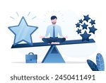 Businessman sitting on seesaw between high quality stars and ordinary stars. Good reputation. Quality vs quantity, management to excellent work outcome, working attitude to deliver superior result.