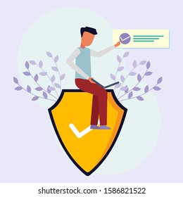 Businessman sitting on a shield with a laptop, graphics and flowers. Experience economic growth and success in business.