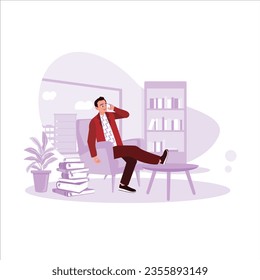 Businessman sitting on the sofa talking on a cell phone, working remotely in a home office. Freelance Productivity concept. Trend Modern vector flat illustration