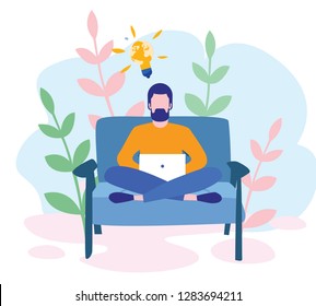 Businessman sitting on the sofa works with laptop, freelancer, freelance, Internet surfing on computer, online learning, e-learning, work from home, outsourcing, social media, vector illustration.