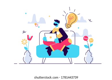 Businessman sitting on the sofa works with laptop, freelancer, freelance, Internet surfing on computer, online learning, e-learning, work from home, outsourcing, social media, vector illustration.