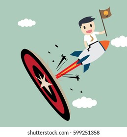 Businessman sitting on the space rocket flying to destination success