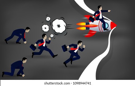 Businessman sitting on the space shuttle racecing go to the finish line to goal to achieve success on background blackboard. leadership. creativity idea. Business Concept Vector Illustration