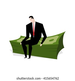 Businessman sitting on stack of dollars. financier and profit. Man is sit on big wad of cash. Boss and lot of money. Manager earned greens. director of wealth
