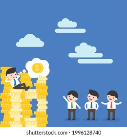 Businessman sitting on stack of gold coins, successful young entrepreneur concept Free Vector