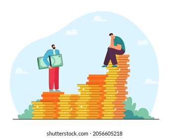 Empresario sentado en un montón de monedas de oro y hombre con efectivo. Carácter masculino invirtiendo en ilustración de vector plana de negocios. Inversión, éxito, concepto de finanzas para banner o página web de aterrizaje