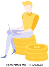 Geschäftsmann sitzt auf dem Stapel von Goldmünzen mit Laptop und arbeitet mit Finanzen. Geld verdienen, Profit, Erträge in Gold-Pfennig-Konzept. Männlicher Freiberufler verwendet Technologie zur Vektorgrafik im Bankwesen