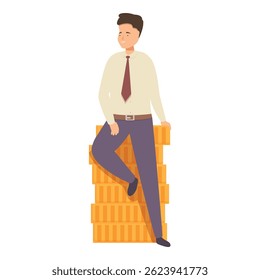 Businessman is sitting on a stack of gold coins, illustrating the concept of wealth and financial success