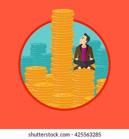 A businessman sitting on stack of golden coins and looking up to the biggest one. Vector flat design illustration in the circle isolated on background.