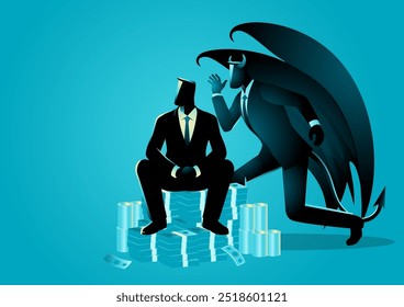 Businessman sitting on a stack of money, Satan tempts you when you are successful and hold a lot of money