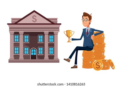 businessman sitting on a stacked coins and a trophy next to a bank vector illustration graphic design