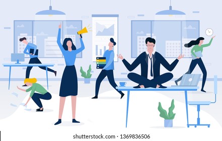 Businessman sitting on the table in lotus pose during deadline. Employee in panic. Man make meditation against stress. Flat vector illustration
