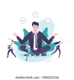 Businessman sitting on the table in lotus pose during deadline. Employee in panic. Man make meditation against stress. Flat vector illustration