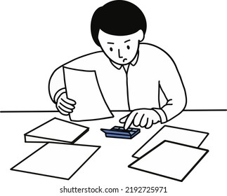
Businessman is sitting on the table. Working computer, financial analysis, accounting staff. Office worker or company employee. Vector illustration in cartoon style