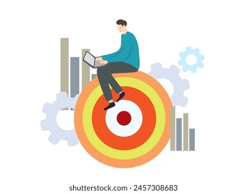Hombre de negocios sentado en el objetivo y trabajando en la computadora portátil. Ilustración vectorial plana.