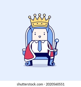 Businessman sitting on the throne with the crown like a king. Cartoon character thin line style vector.