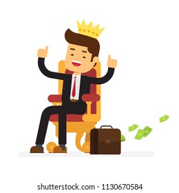 Businessman is sitting on the throne like a king with crown on his head