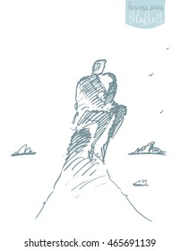 Businessman sitting on top of a hill. Thinking, planning. Vector illustration, sketch